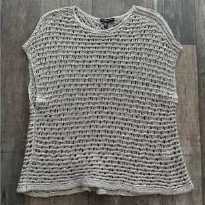 Eileen Fisher Light Gray Open Knit Top with Sequins, Petite Large